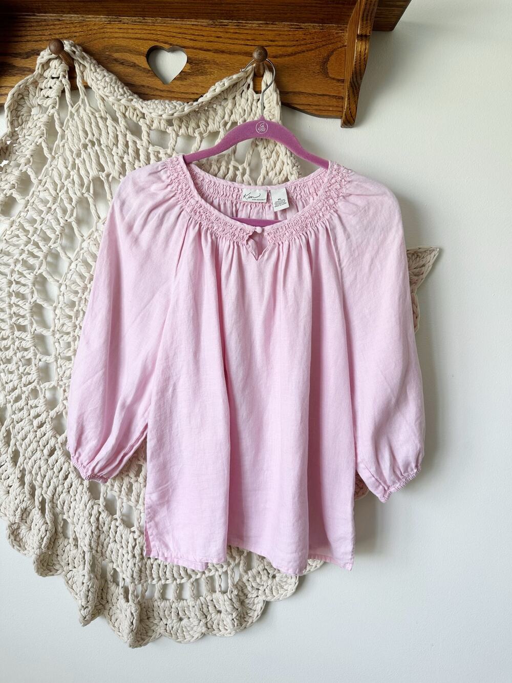 Kim Rogers Vintage Pastel Pink Linen Cottagecore Blouse Size XL